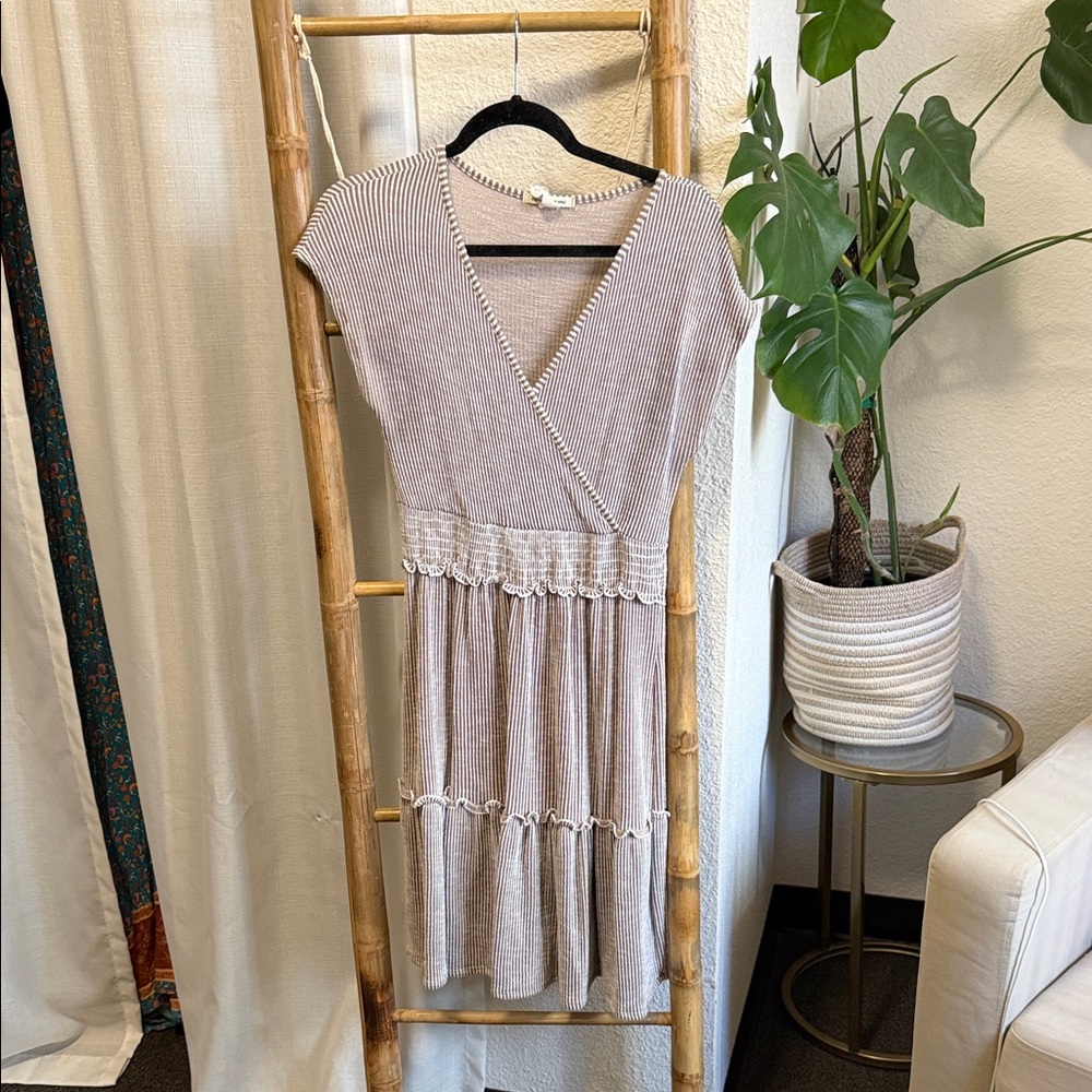 Caution To The Wind Striped Tan Mini Dress